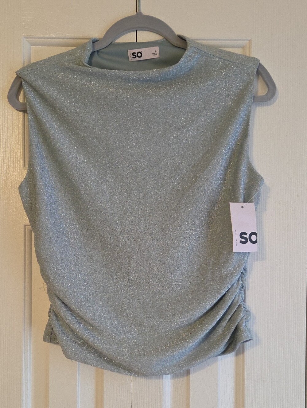 SO Shimmery Pale Blue Sleeveless Tank with Side Ruching